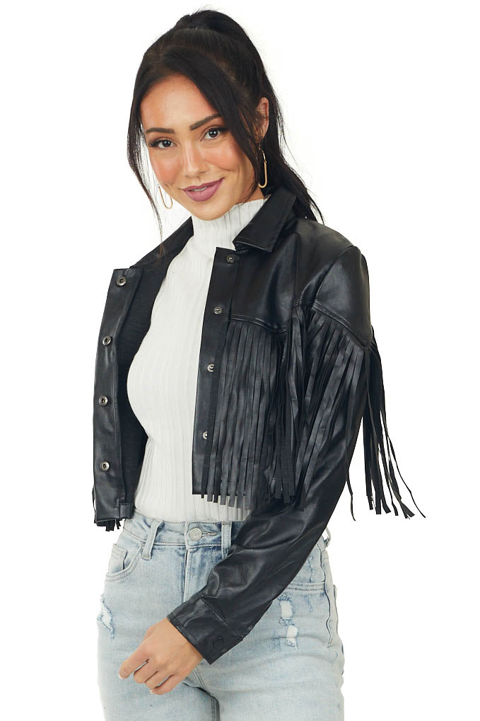 Black Faux Leather Cropped Jacket with Fringe