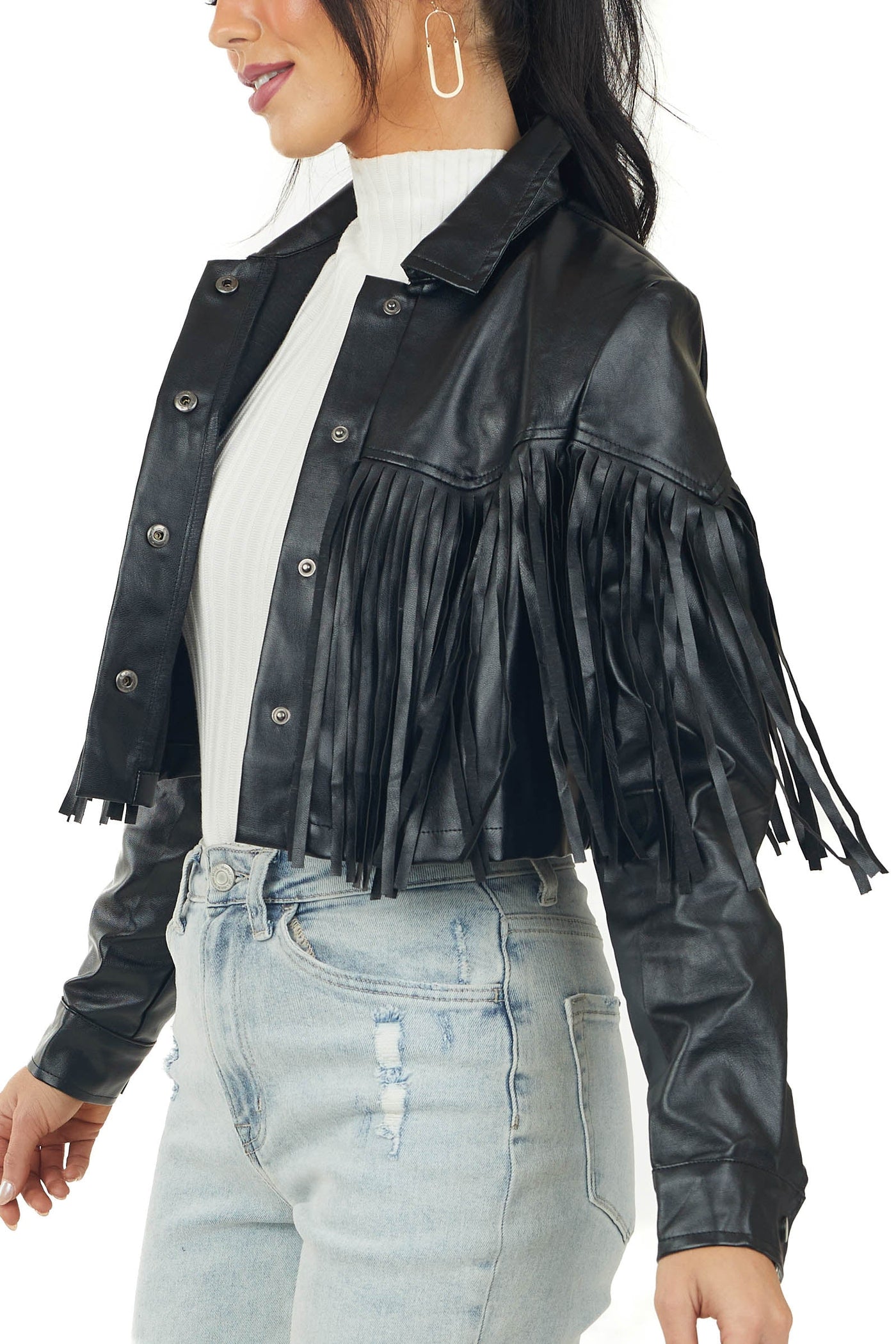 Black Faux Leather Cropped Jacket with Fringe