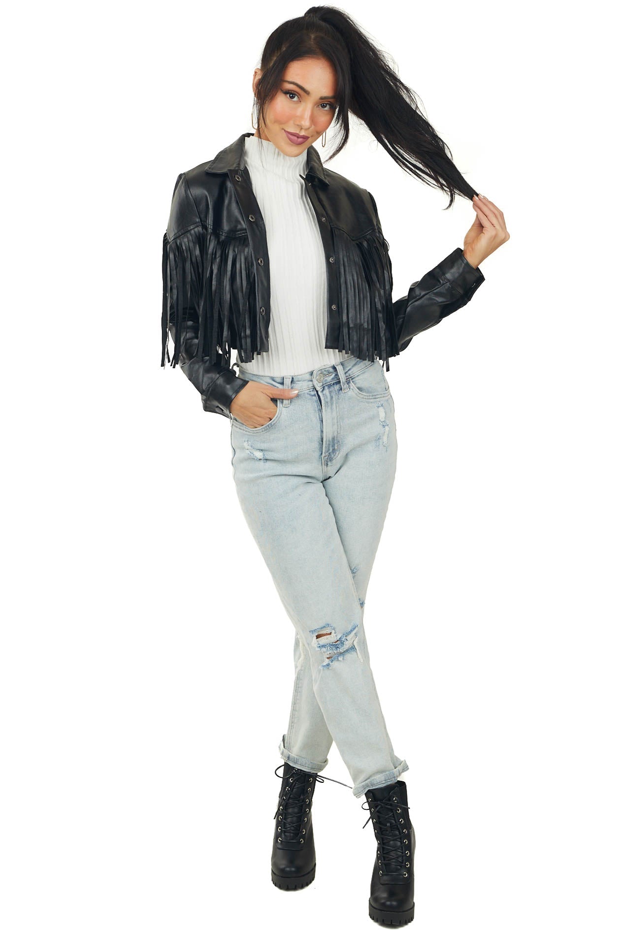 Black Faux Leather Cropped Jacket with Fringe