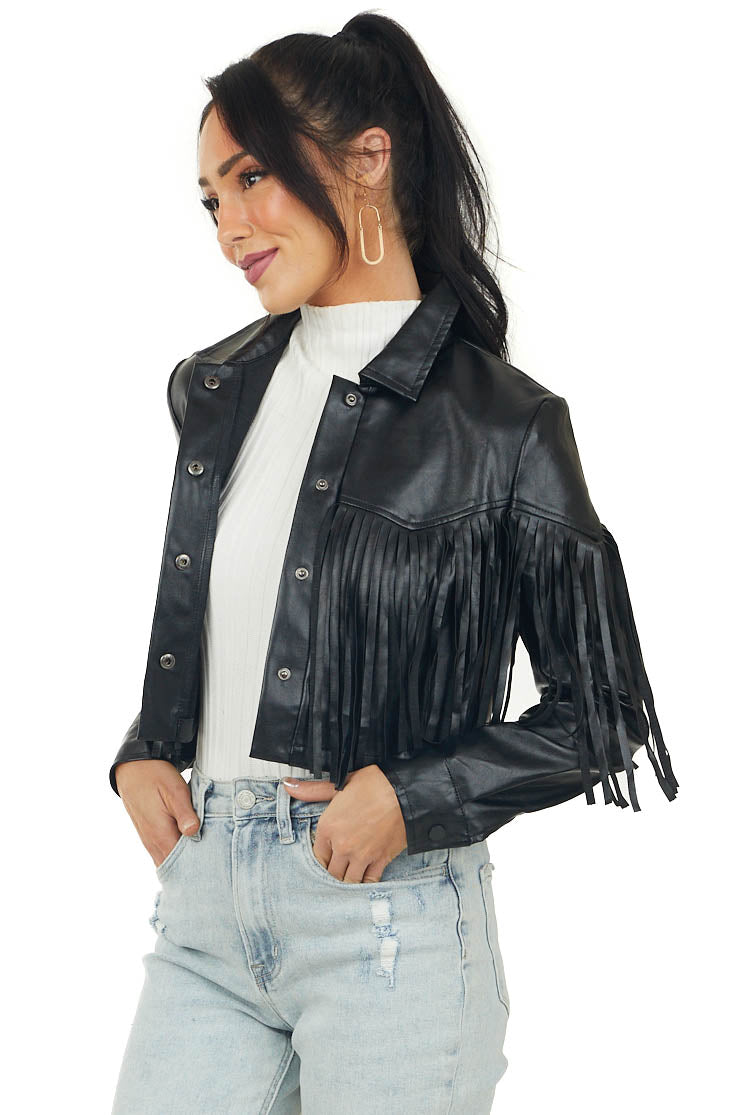 Black Faux Leather Cropped Jacket with Fringe