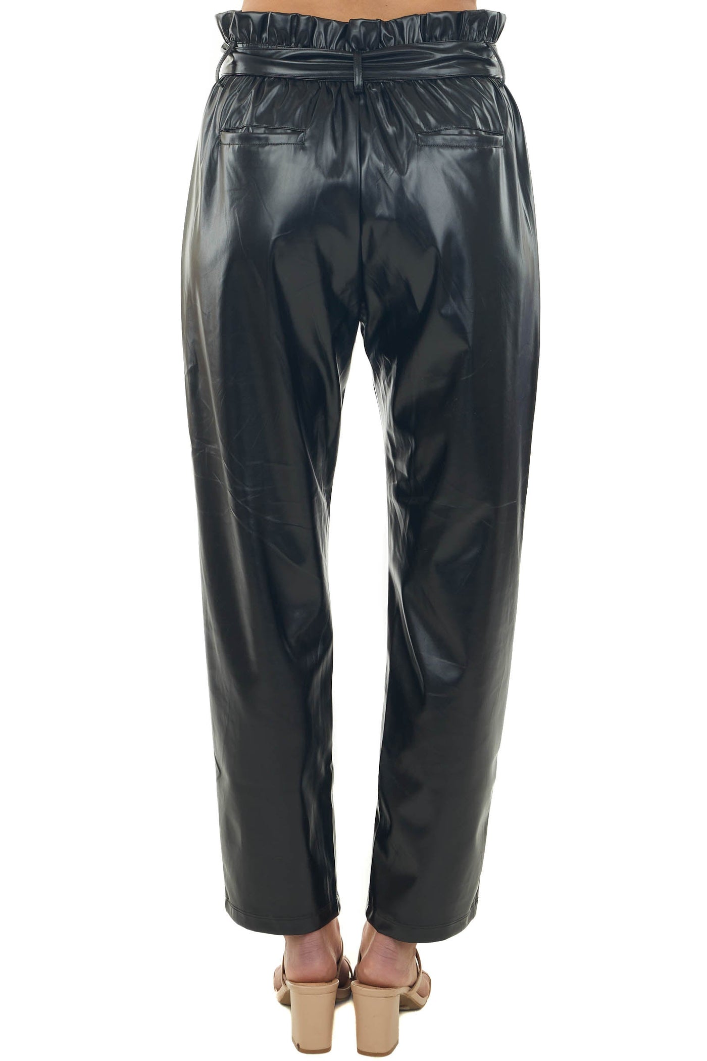 Black Faux Leather High Rise Tie Waist Pants