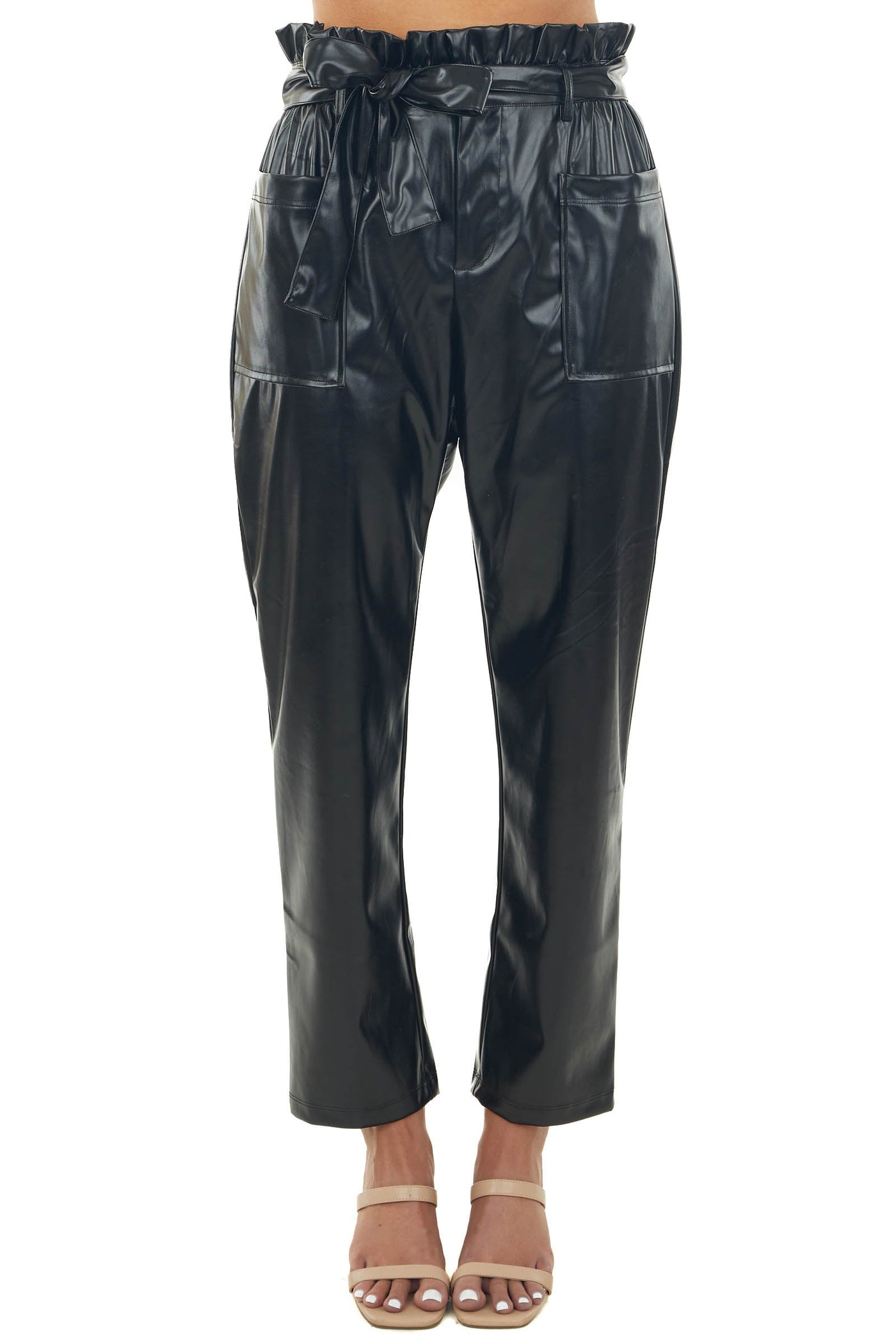 Black Faux Leather High Rise Tie Waist Pants
