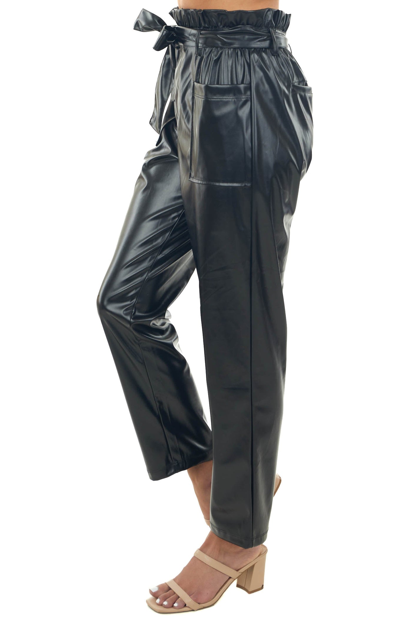Black Faux Leather High Rise Tie Waist Pants
