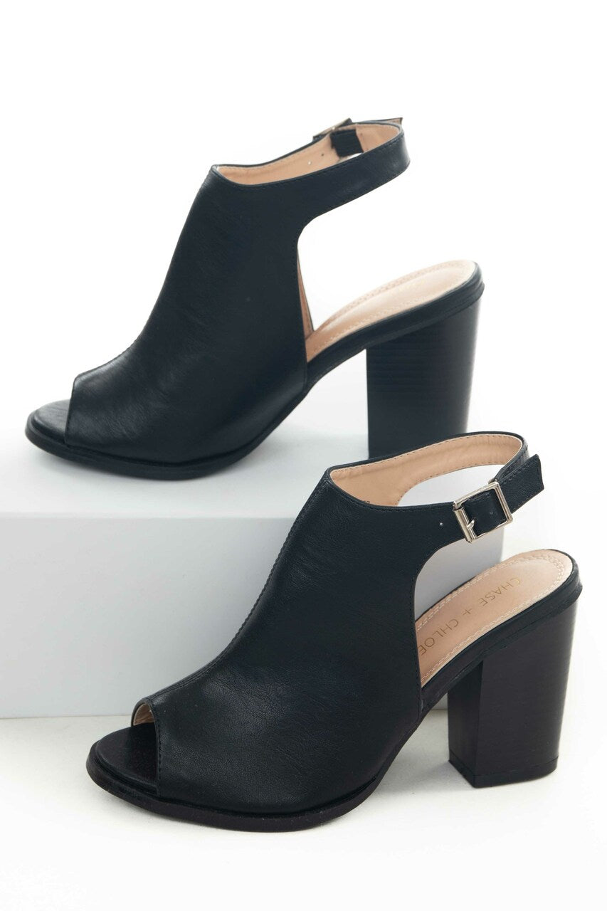 Black Faux Leather Peep Toe Heeled Booties