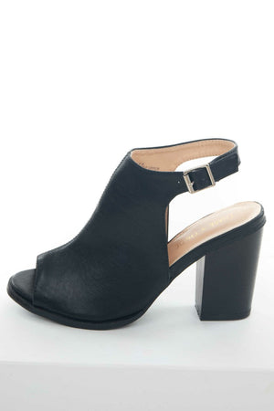 Black Faux Leather Peep Toe Heeled Booties
