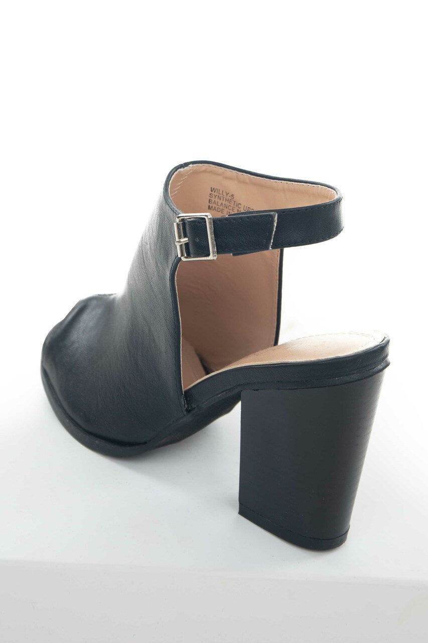 Black Faux Leather Peep Toe Heeled Booties