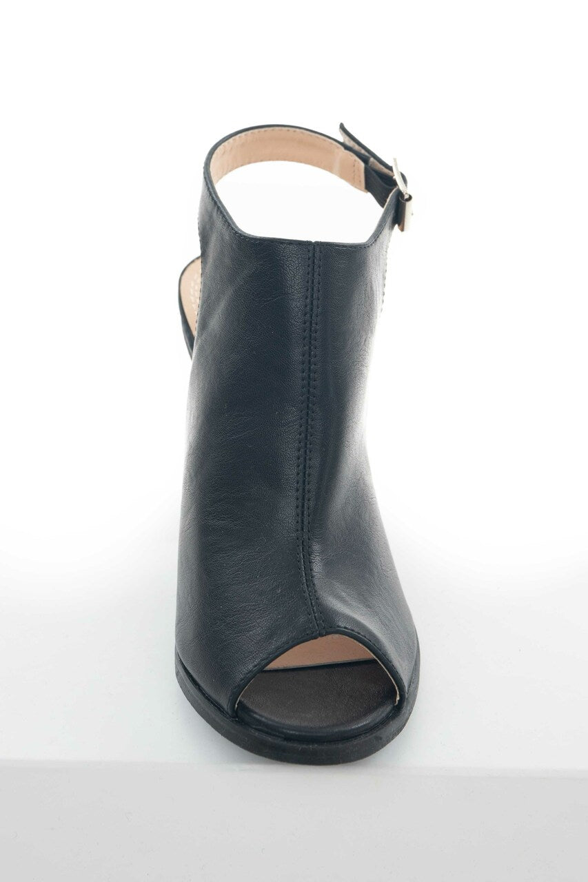 Black Faux Leather Peep Toe Heeled Booties
