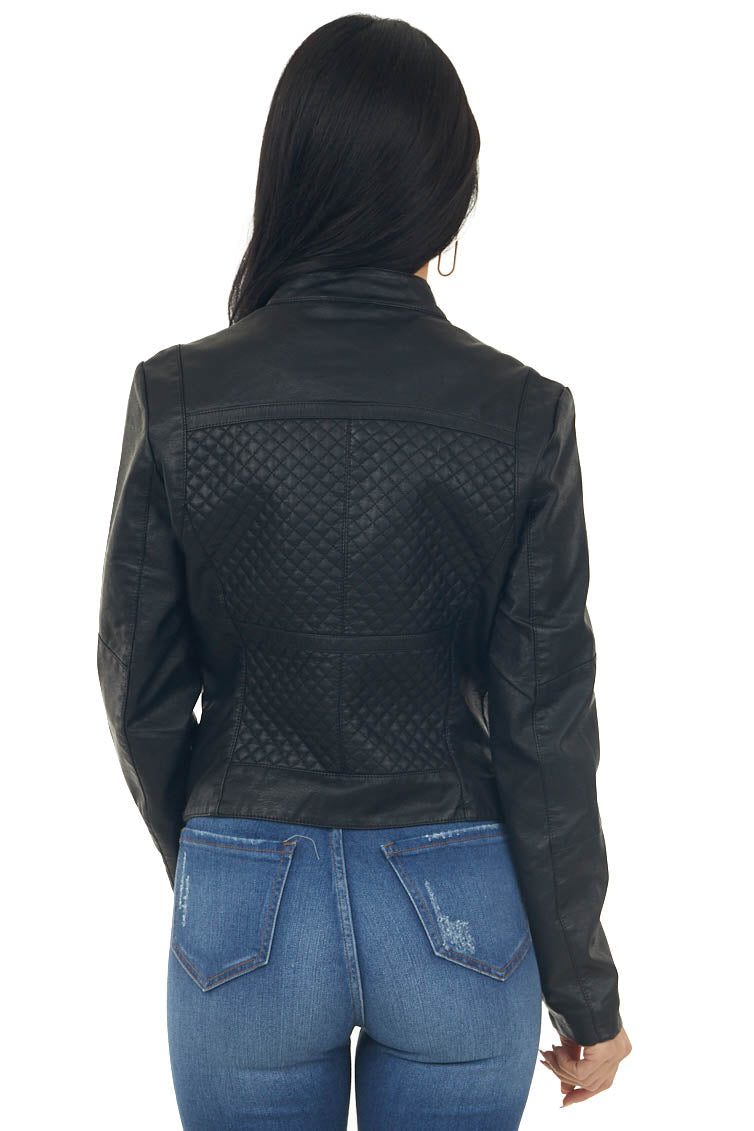 Black Faux Leather Quilted Detail Moto Jacket
