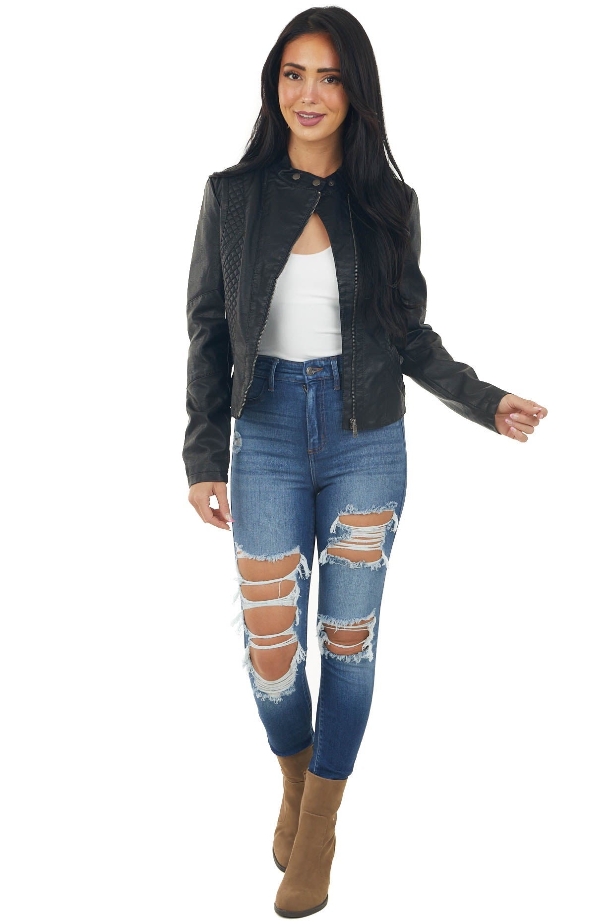 Black Faux Leather Quilted Detail Moto Jacket