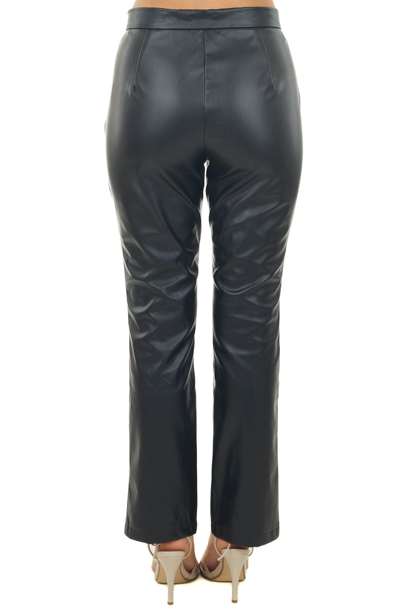 Black Faux Leather Slit Hem Straight Pants