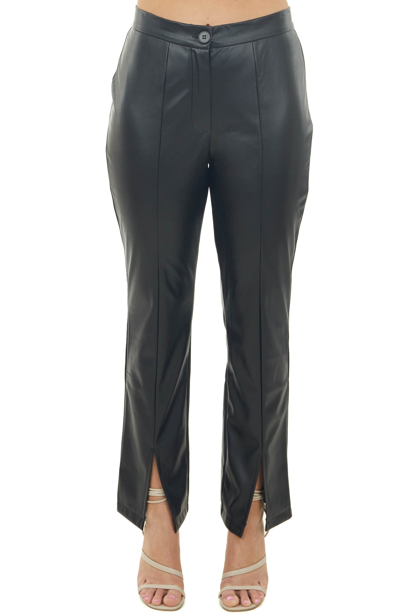 Black Faux Leather Slit Hem Straight Pants