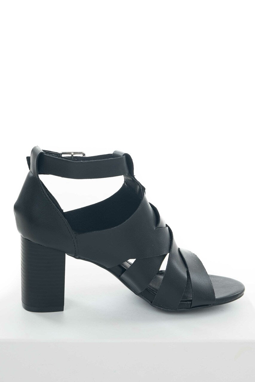 Black Faux Leather Strappy Heeled Sandals 