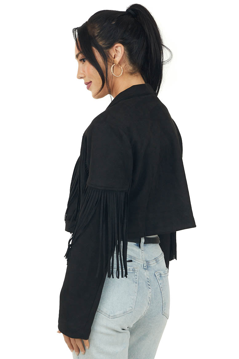 Black Faux Suede Collard Fringe Detail Crop Jacket