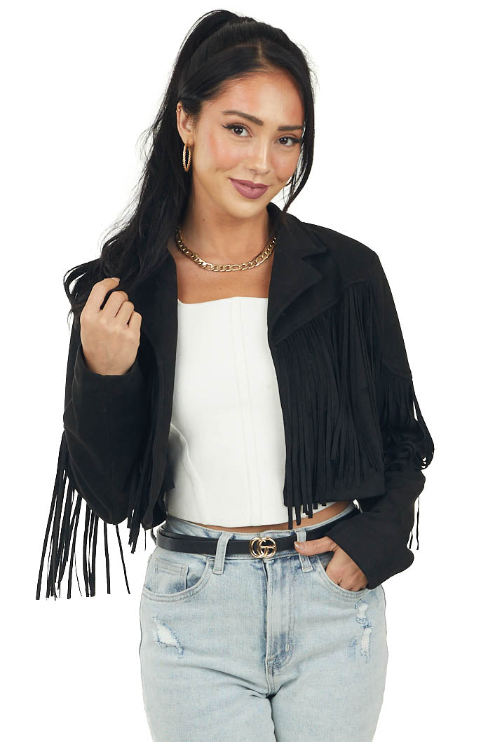Black Faux Suede Collard Fringe Detail Crop Jacket
