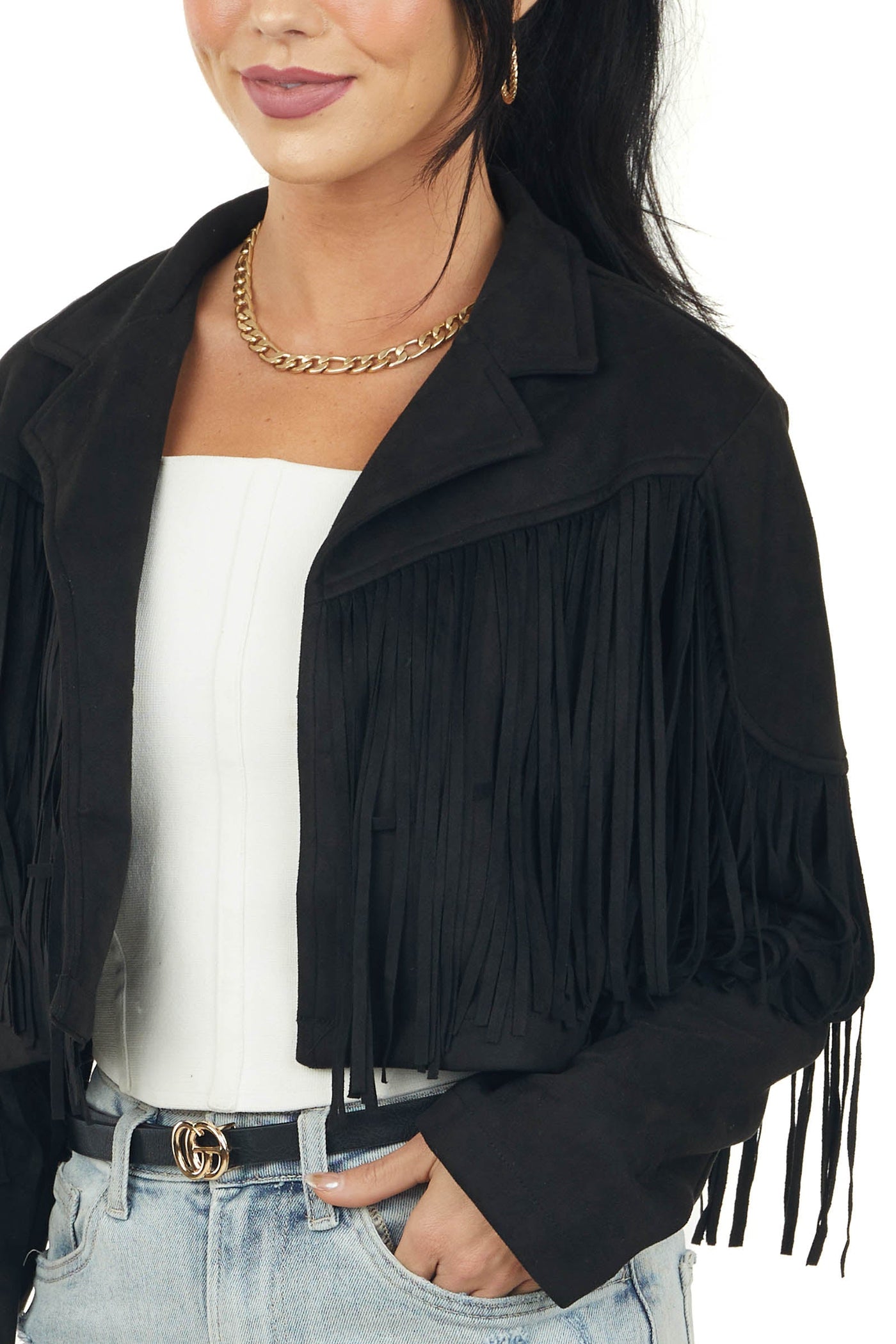 Black Faux Suede Collard Fringe Detail Crop Jacket