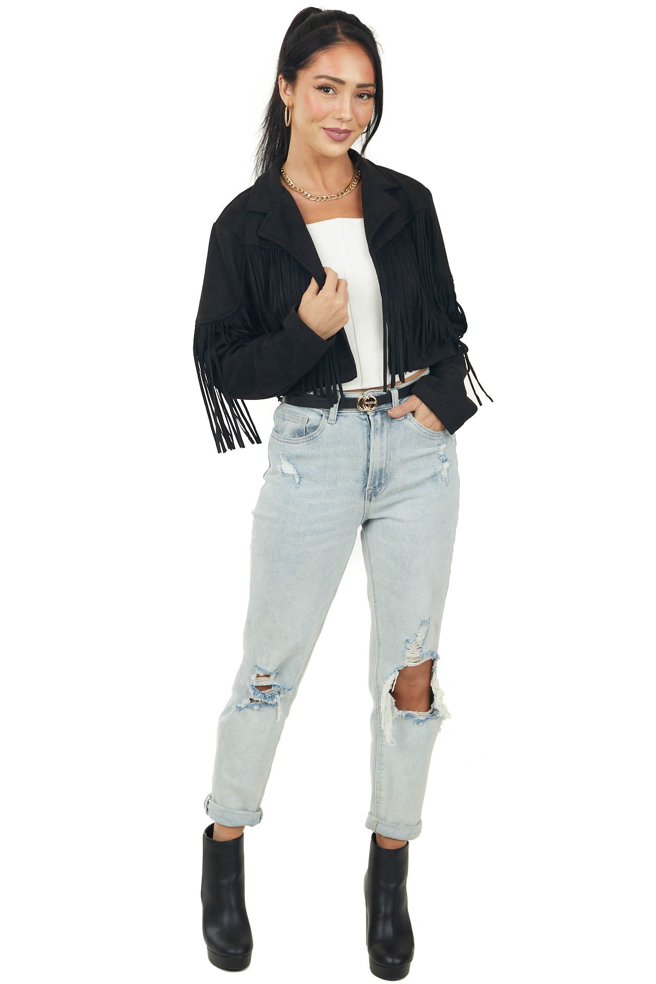 Black Faux Suede Collard Fringe Detail Crop Jacket