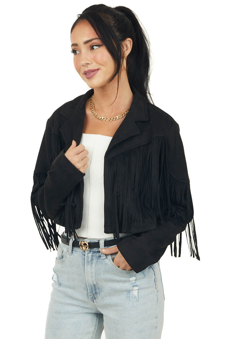 Black Faux Suede Collard Fringe Detail Crop Jacket