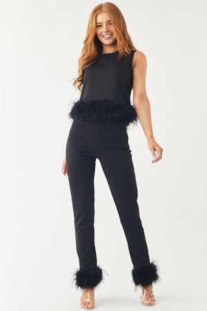 Black Feather Trim Knit Tank Top and Pants Set