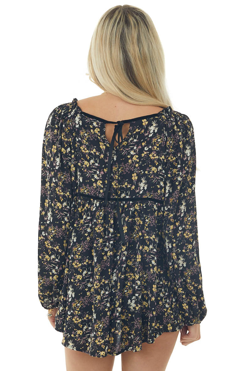 Black Floral Babydoll Velvet Trim Blouse