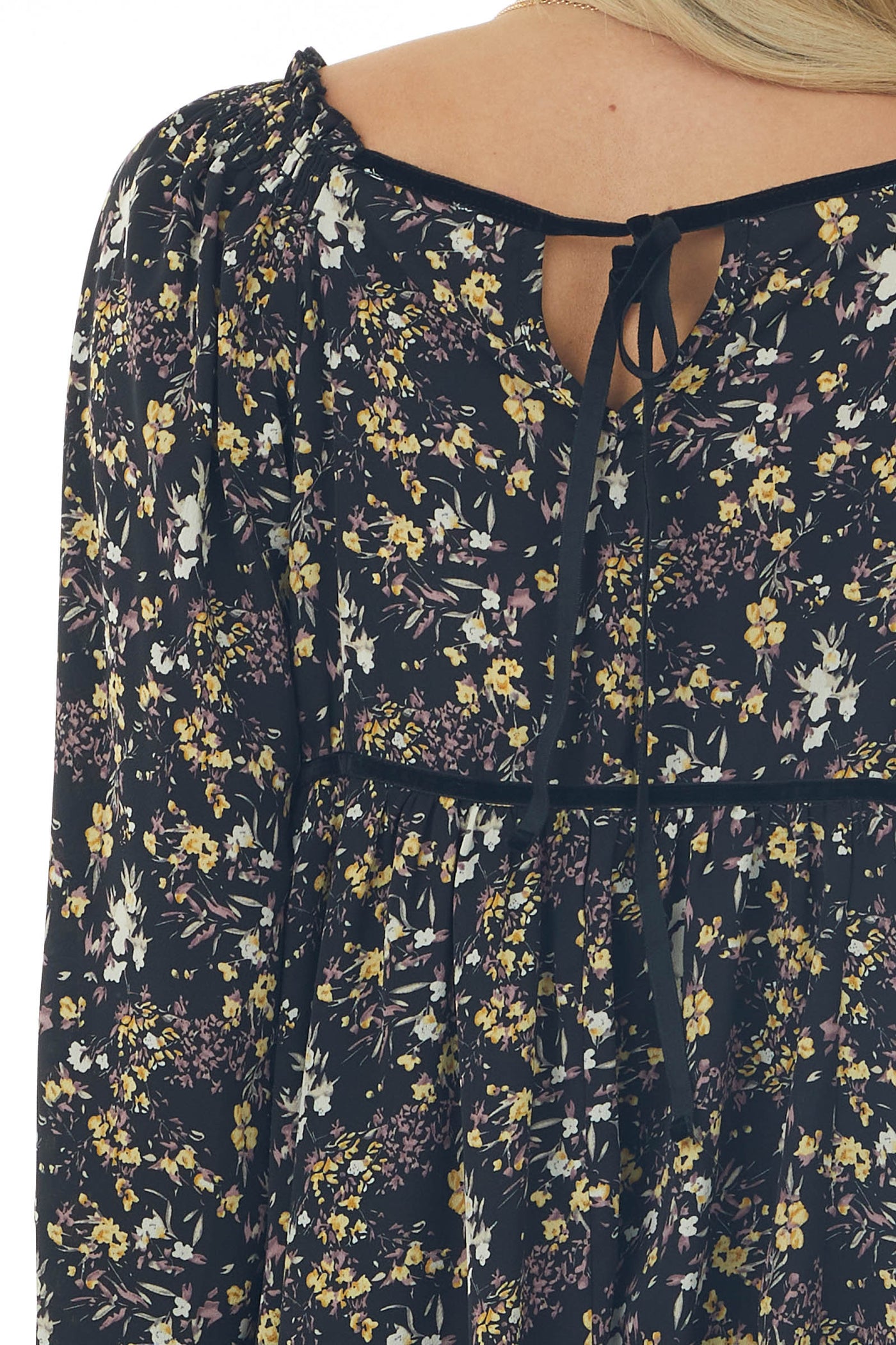 Black Floral Babydoll Velvet Trim Blouse