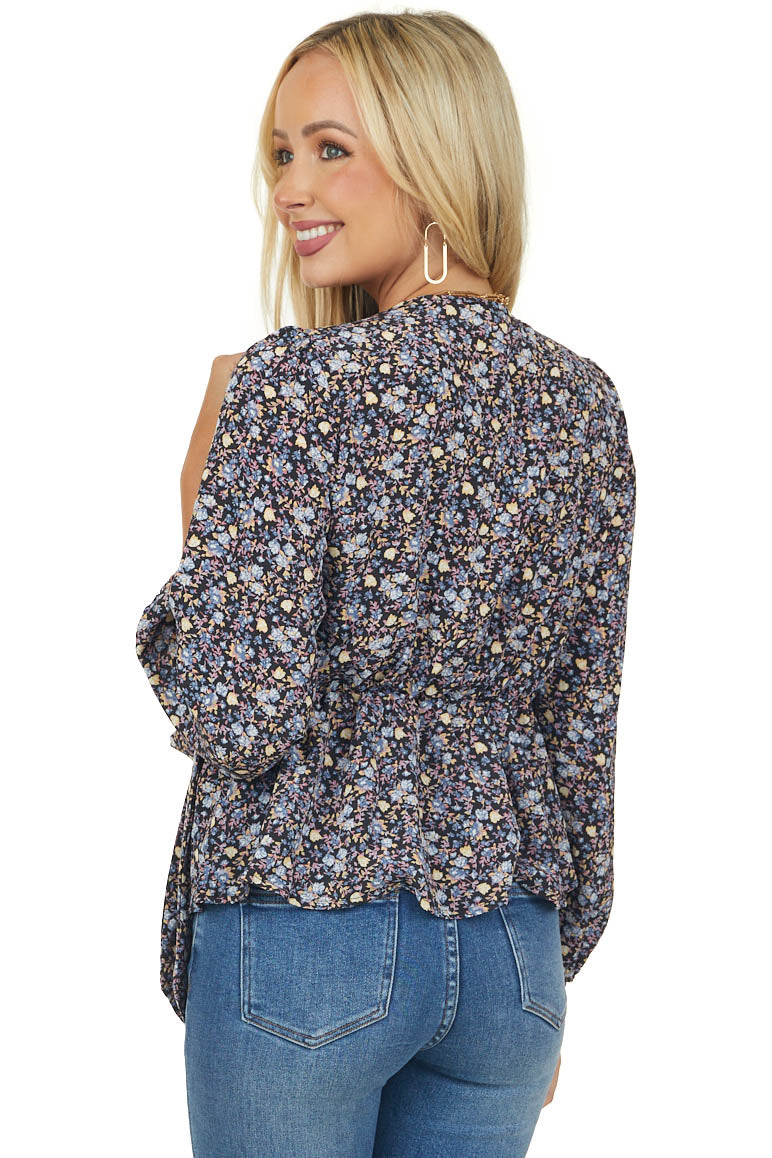 Black Floral Bubble Sleeve Faux Wrap Blouse