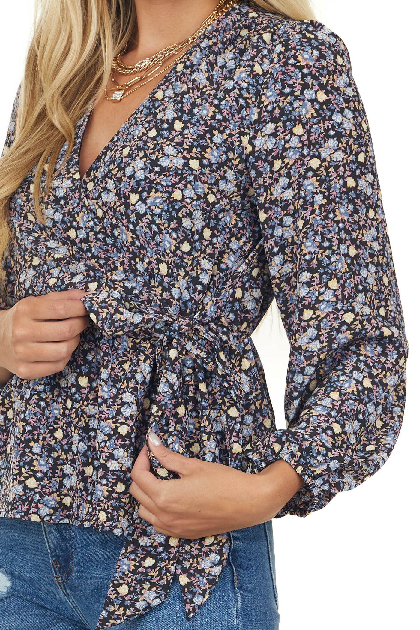 Black Floral Bubble Sleeve Faux Wrap Blouse
