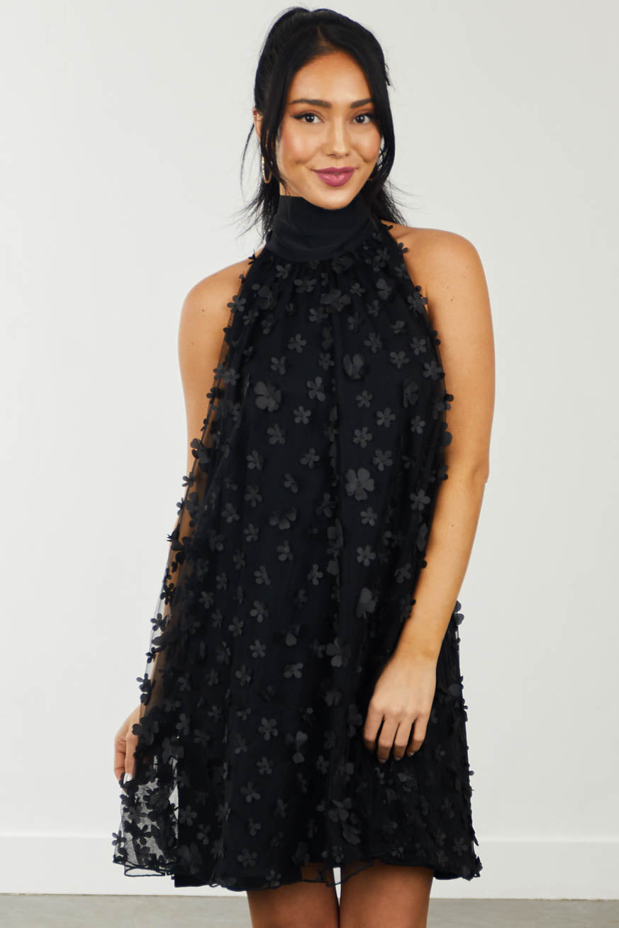 Black Floral Embellished Halter Neck Short Dress
