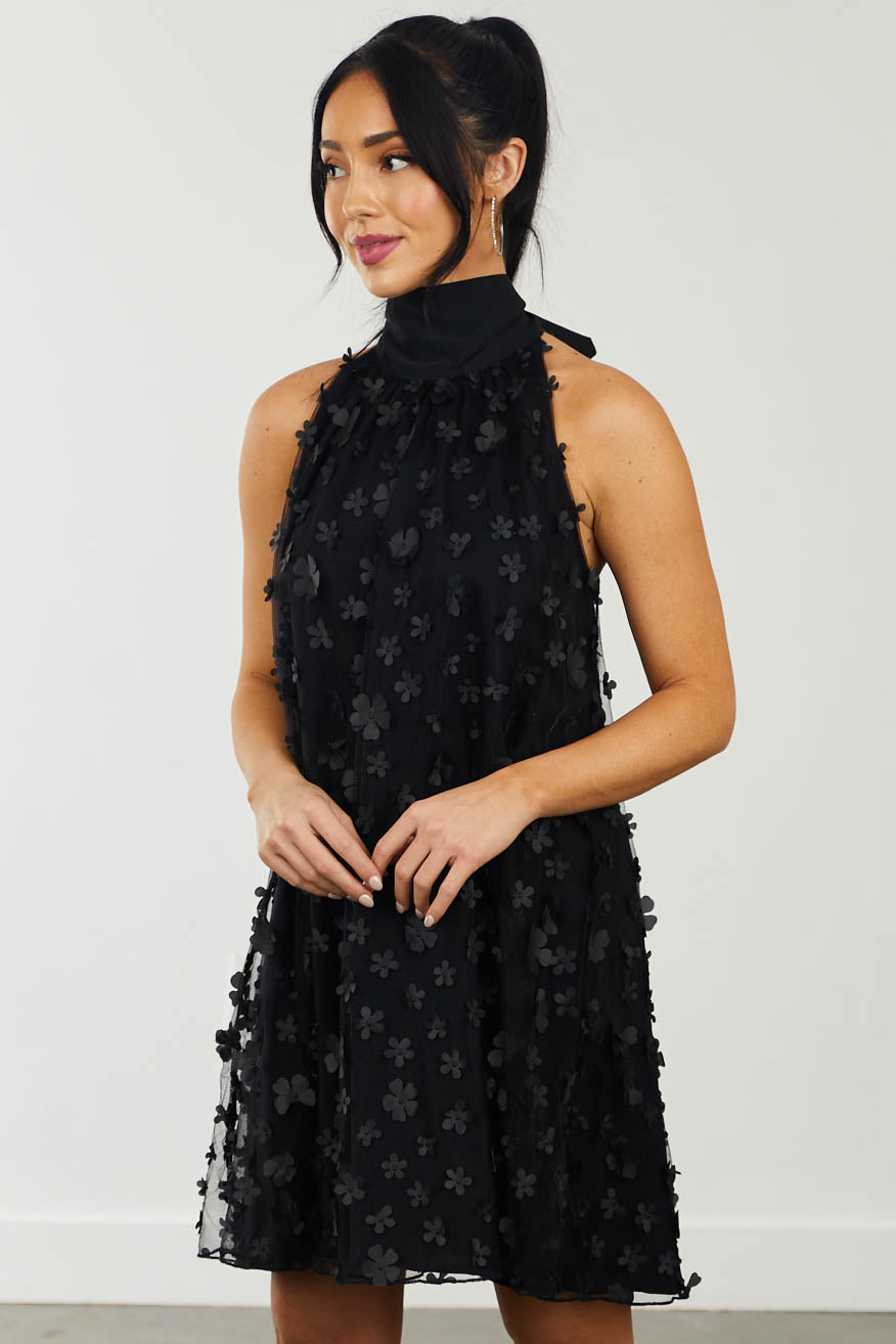 Black Floral Embellished Halter Neck Short Dress