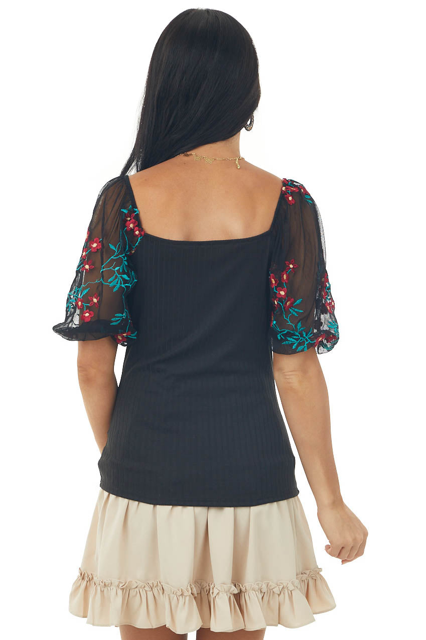 Black Floral Embroidered Bubble Sleeve Ribbed Top