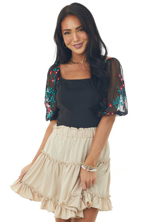 Black Floral Embroidered Bubble Sleeve Ribbed Top