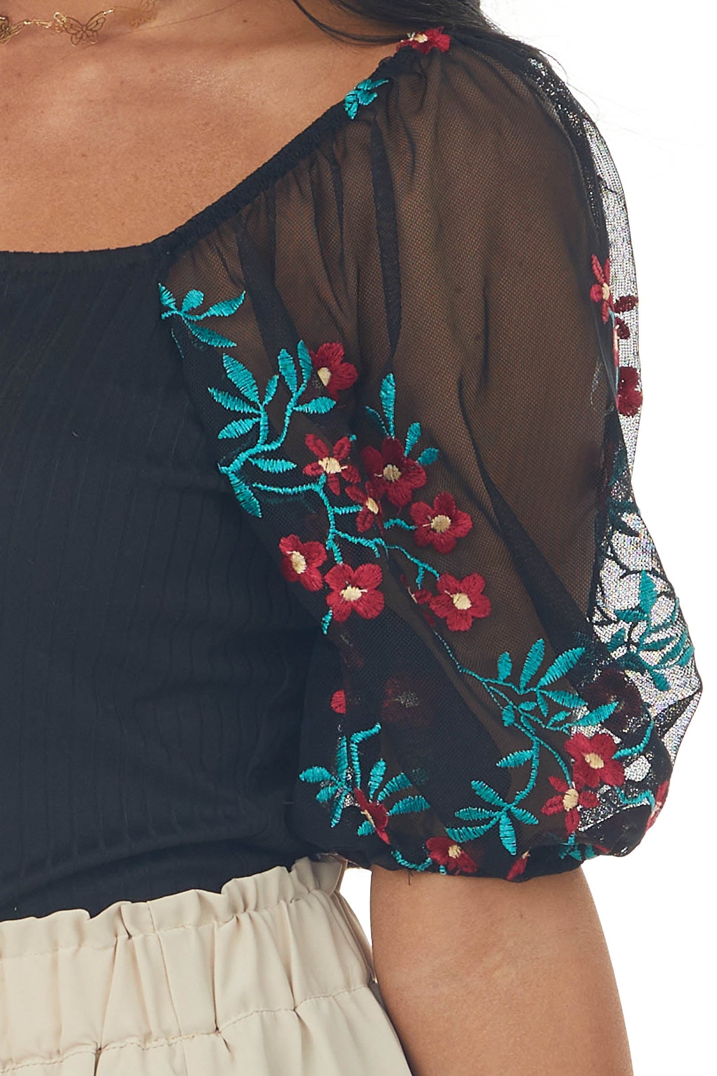 Black Floral Embroidered Bubble Sleeve Ribbed Top