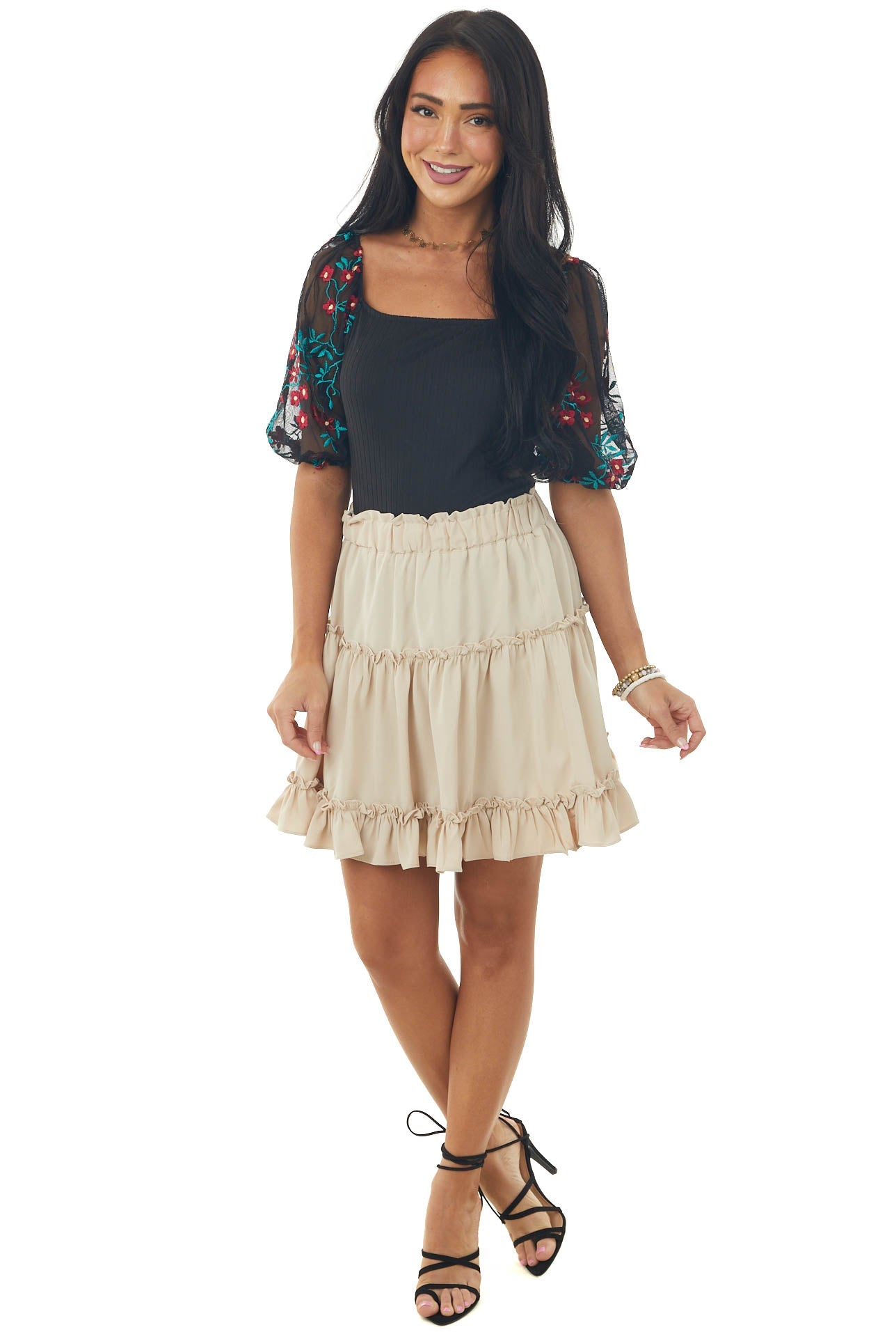 Black Floral Embroidered Bubble Sleeve Ribbed Top