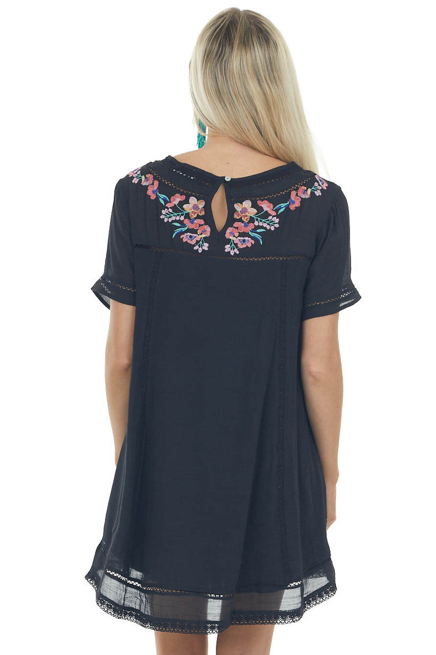 Black Floral Embroidered Short Shift Dress