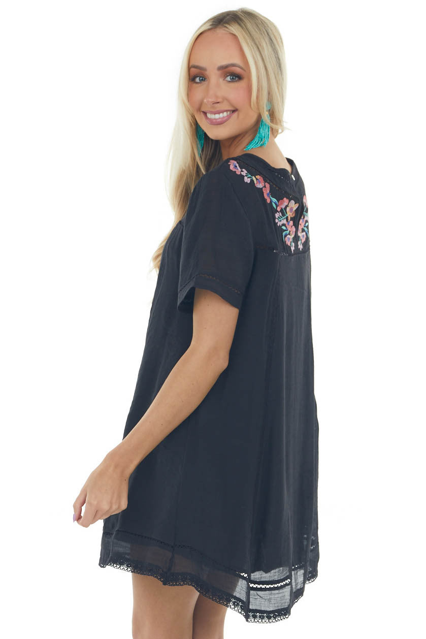 Black Floral Embroidered Short Shift Dress