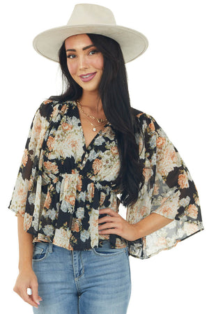 Black Floral Flare Sleeve V Neck Babydoll Top