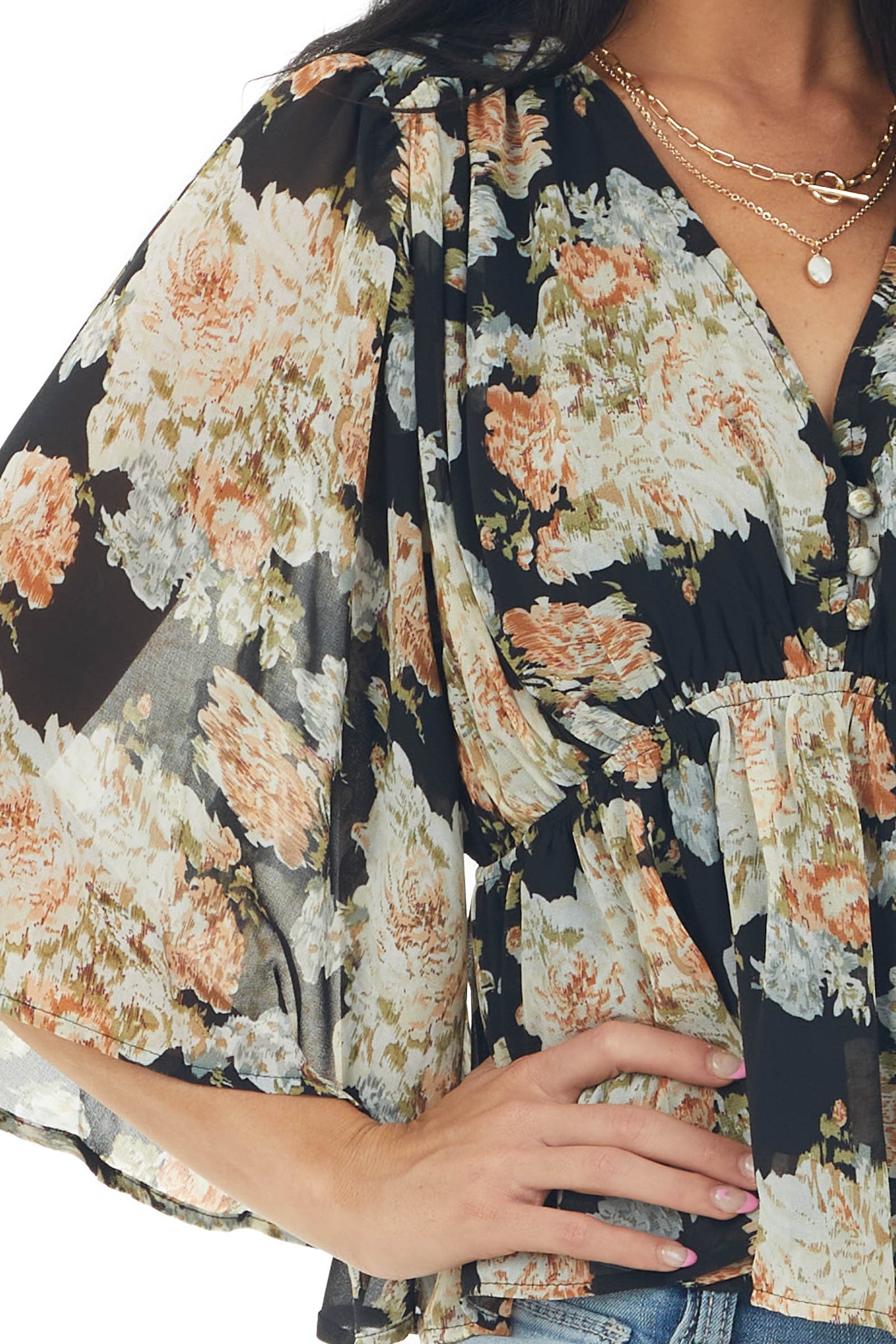 Black Floral Flare Sleeve V Neck Babydoll Top