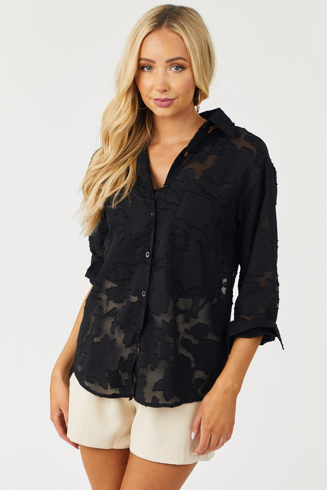 Black Floral Jacquard Button Up Blouse