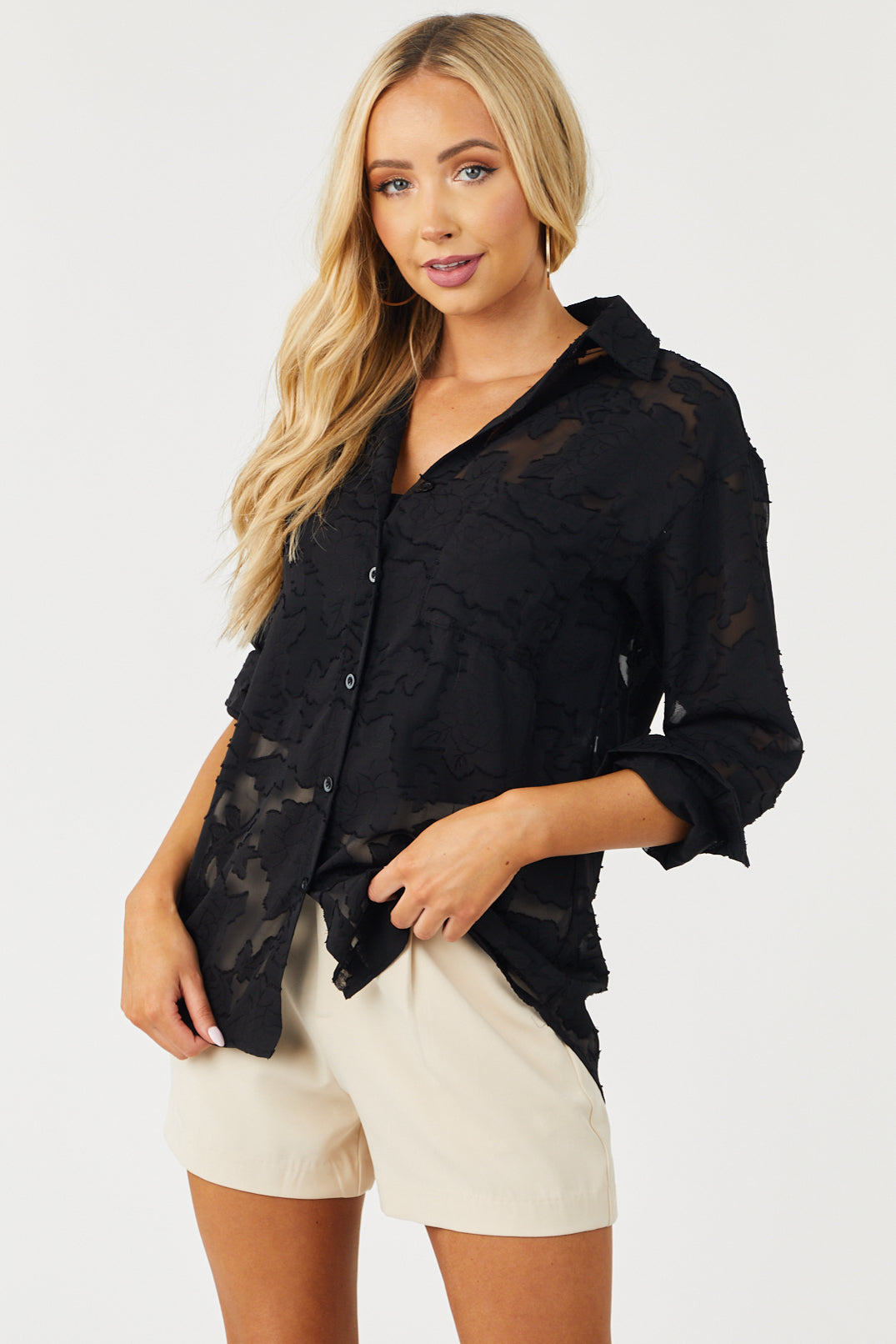 Black Floral Jacquard Button Up Blouse