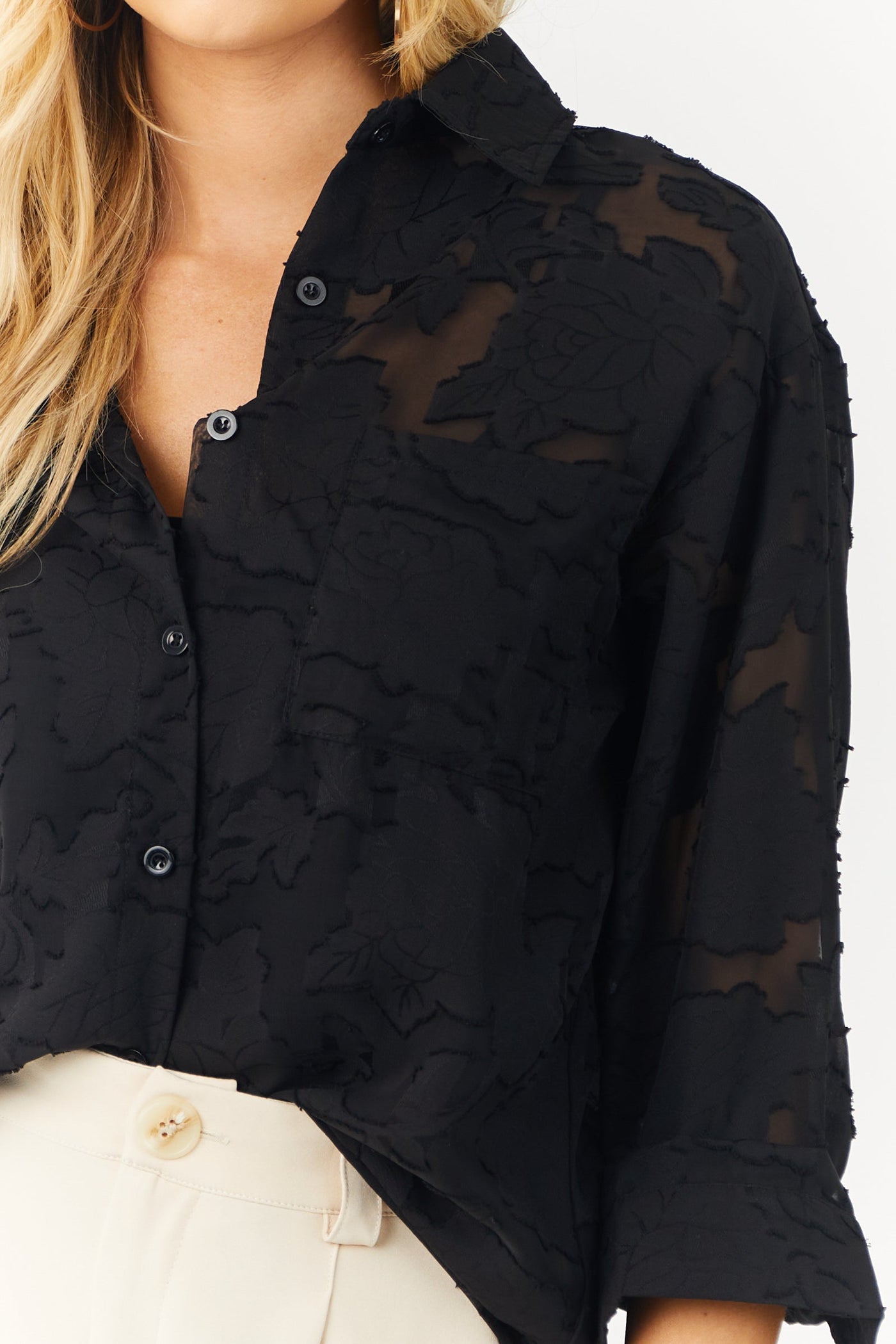 Black Floral Jacquard Button Up Blouse