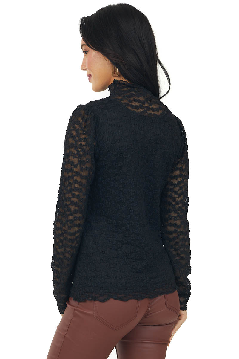 Black Floral Lace Long Sleeve Mesh Top