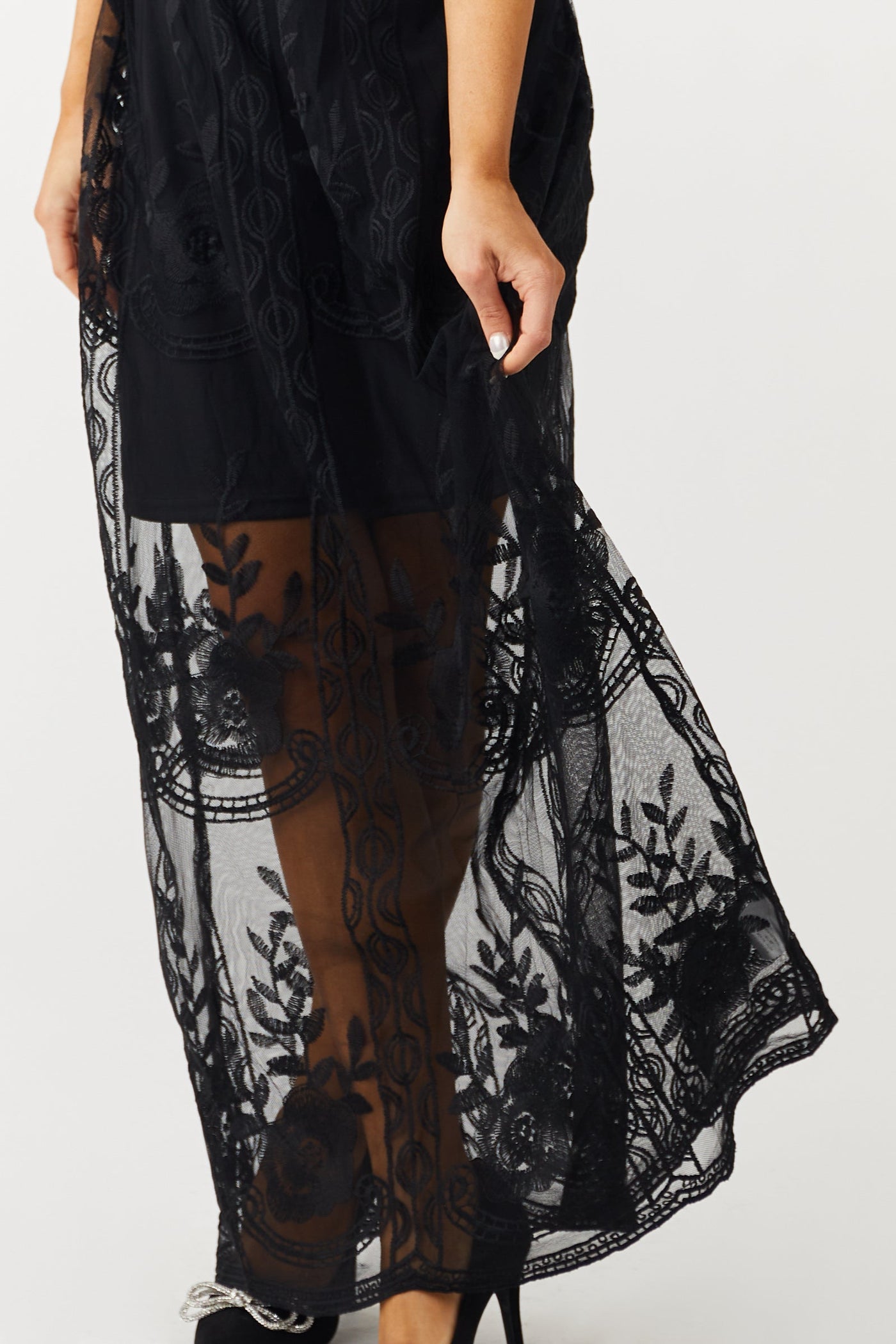 Black Floral Lace Mesh Overlay V Neck Maxi Dress