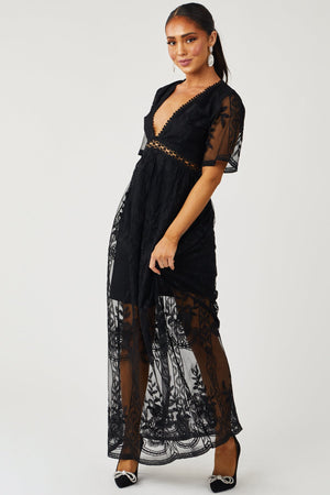 Black Floral Lace Mesh Overlay V Neck Maxi Dress