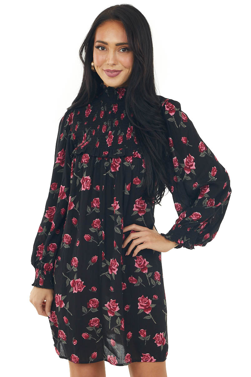 Black Floral Long Sleeve Smocked Short Dress
