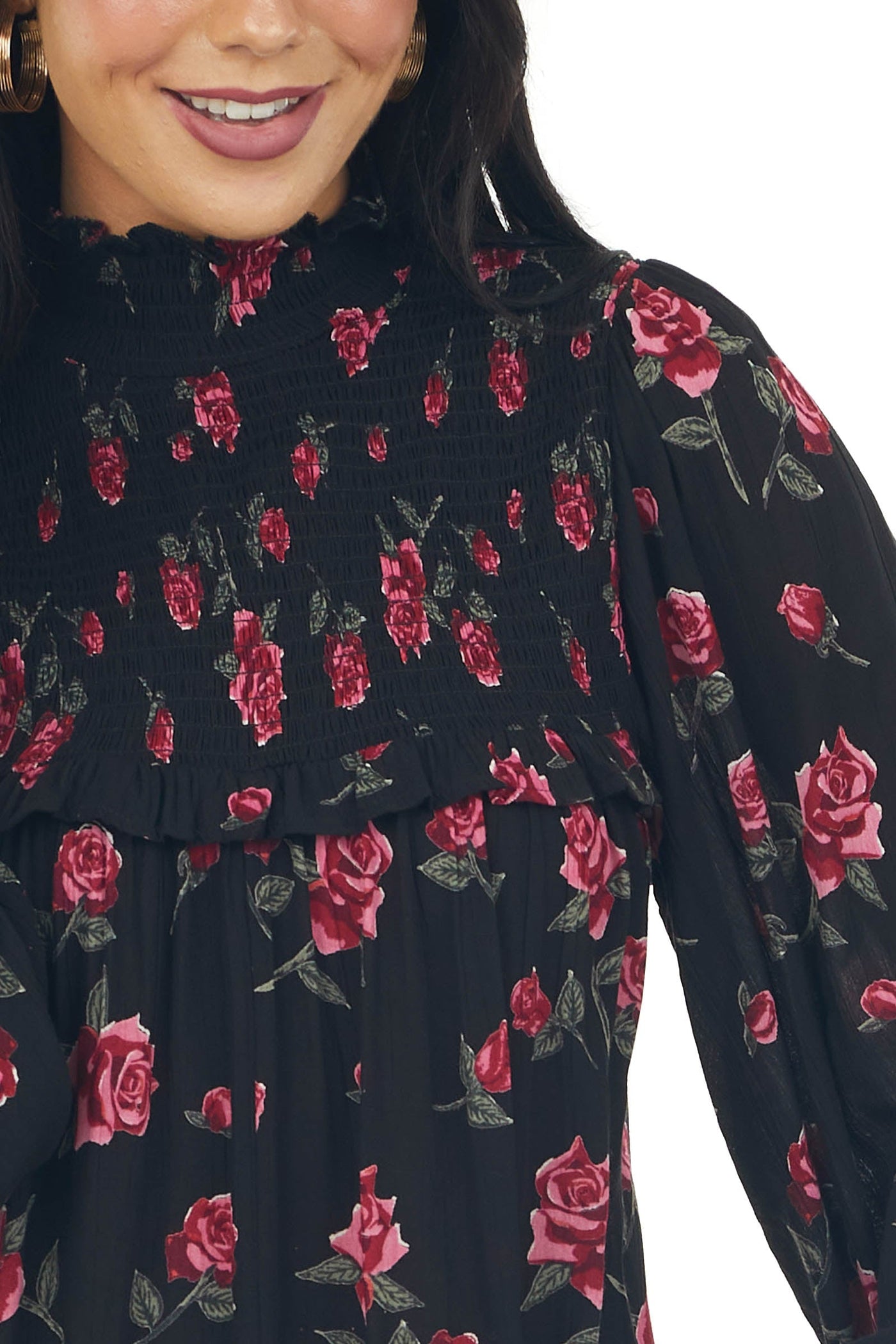 Black Floral Long Sleeve Smocked Short Dress