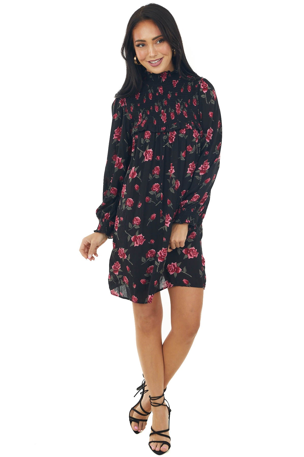 Black Floral Long Sleeve Smocked Short Dress