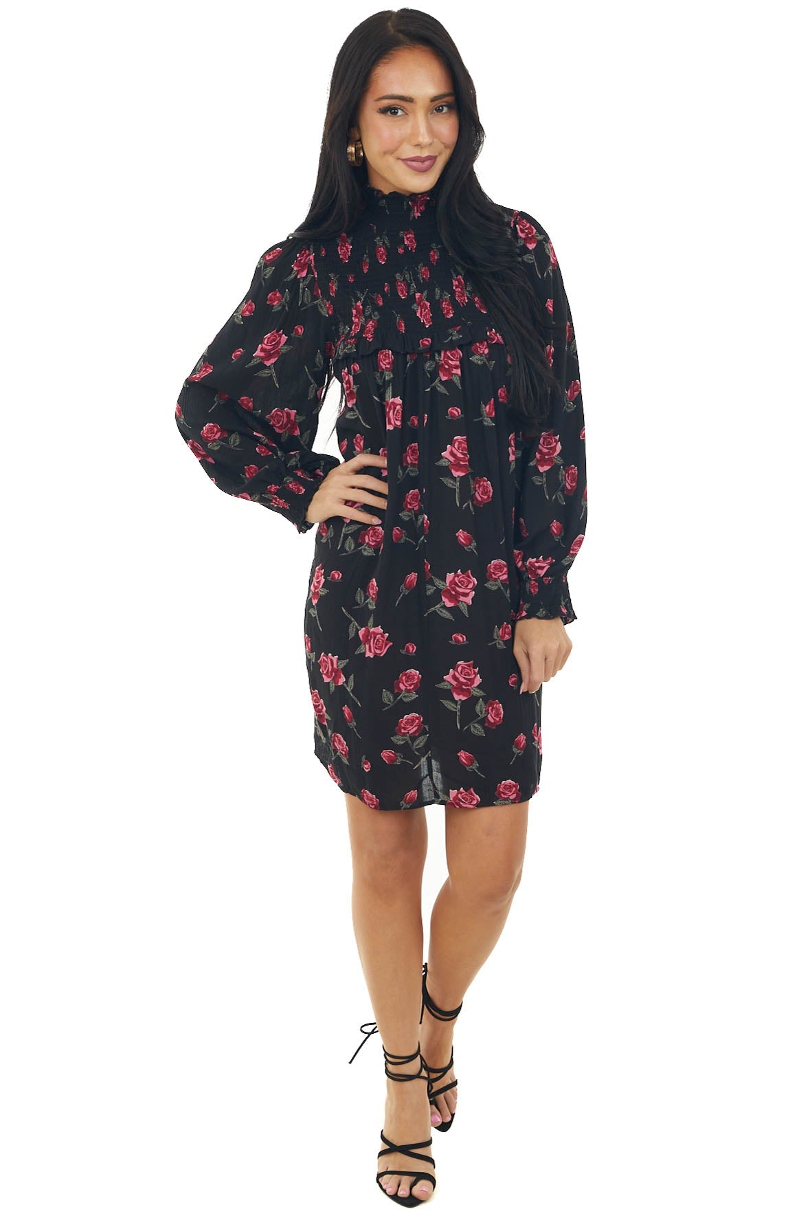 Black Floral Long Sleeve Smocked Short Dress