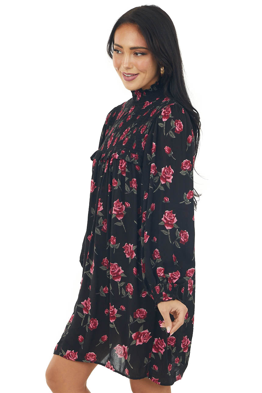 Black Floral Long Sleeve Smocked Short Dress