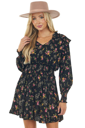 Black Floral Notch Neck Smocked Peasant Dress