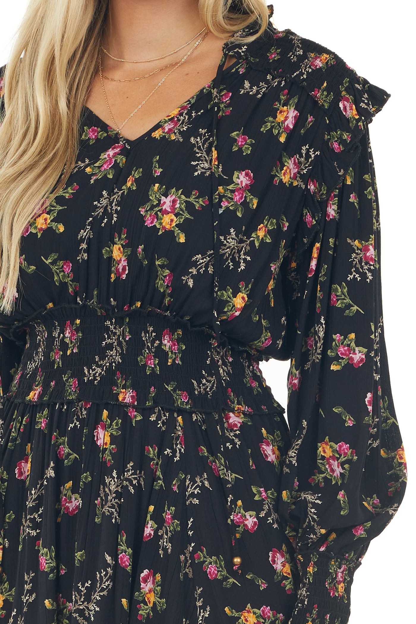 Black Floral Notch Neck Smocked Peasant Dress