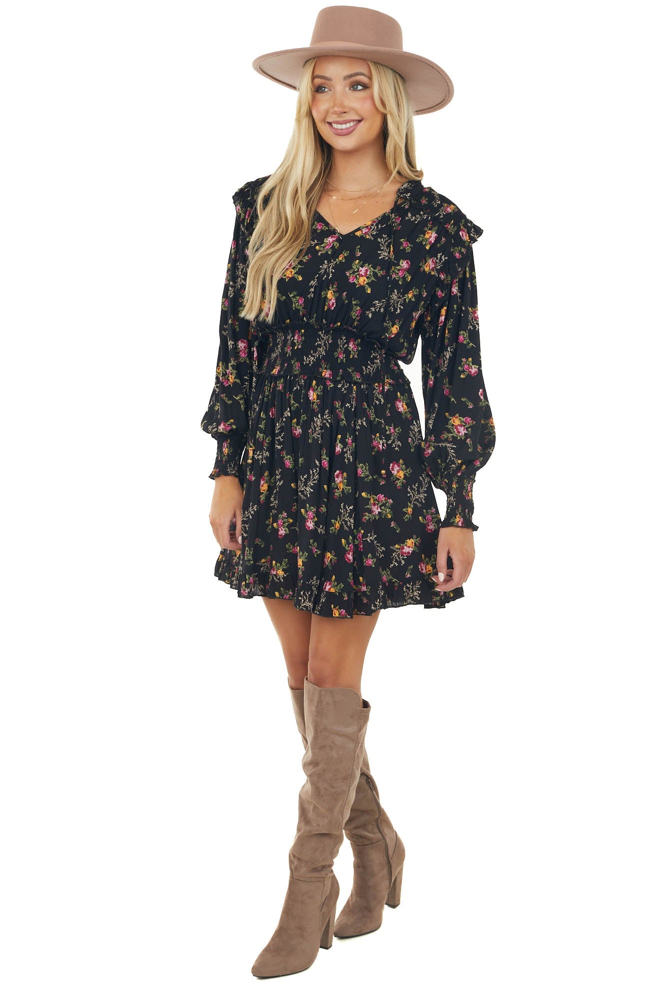 Black Floral Notch Neck Smocked Peasant Dress